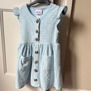 Little Lass Pale Blue Eyelet Button-Front Dress with Pockets